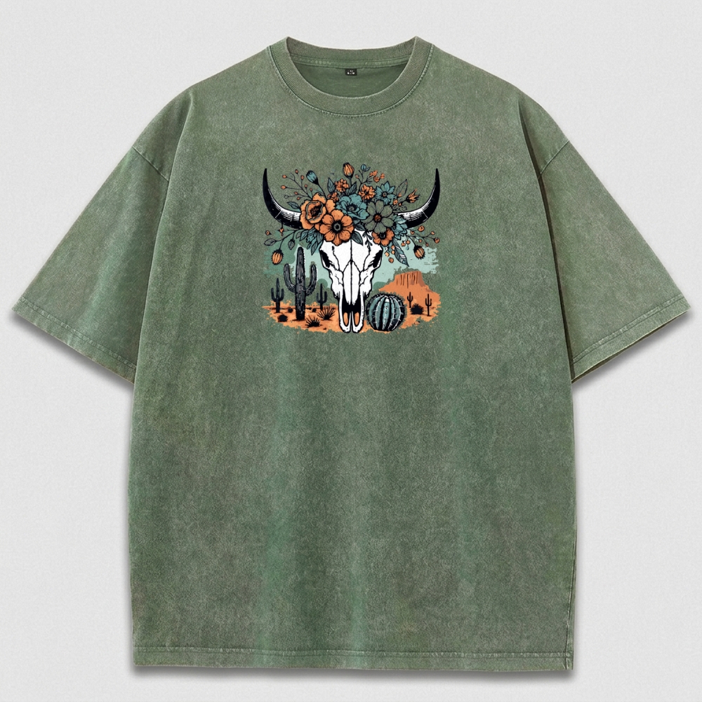 Bull Skull Flowers Vintage Organic Cotton Hiking Tee-HikeVista