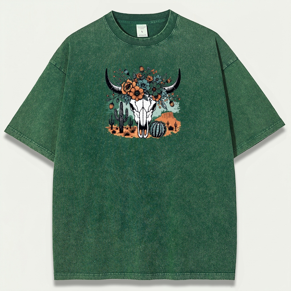 Bull Skull Flowers Vintage Organic Cotton Hiking Tee-HikeVista