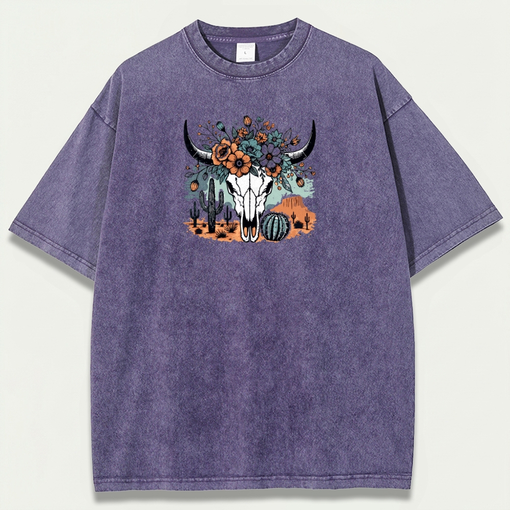 Bull Skull Flowers Vintage Organic Cotton Hiking Tee-HikeVista