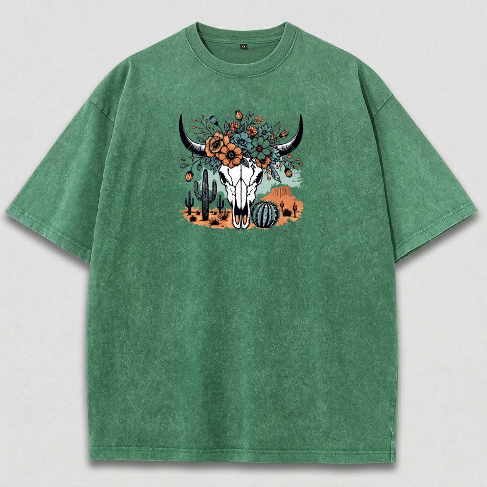 Bull Skull Flowers Vintage Organic Cotton Hiking Tee-HikeVista