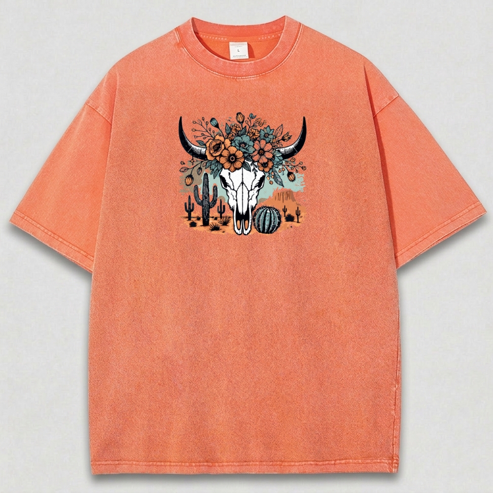 Bull Skull Flowers Vintage Organic Cotton Hiking Tee-HikeVista