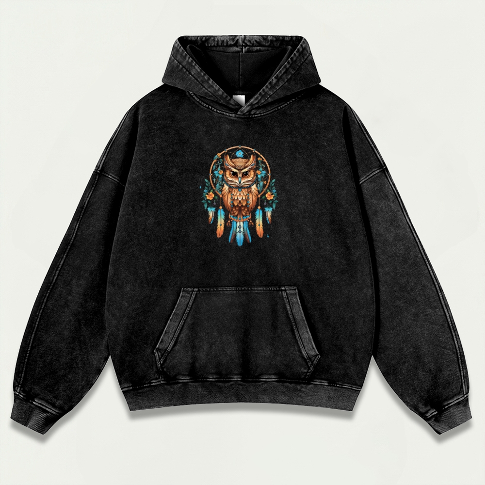 Dreamcatcher Feathers Vintage Premium Heavyweight Owl Hoodie-HikeVista