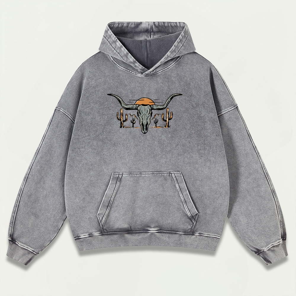 Bull Skull Cactus Vintage Premium Heavyweight Hiking Hoodie-HikeVista