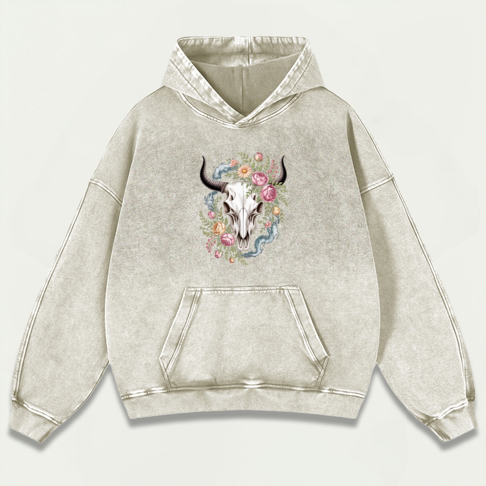 Bull Skull Wildflowers Vintage Premium Heavyweight Trail Hoodie-HikeVista