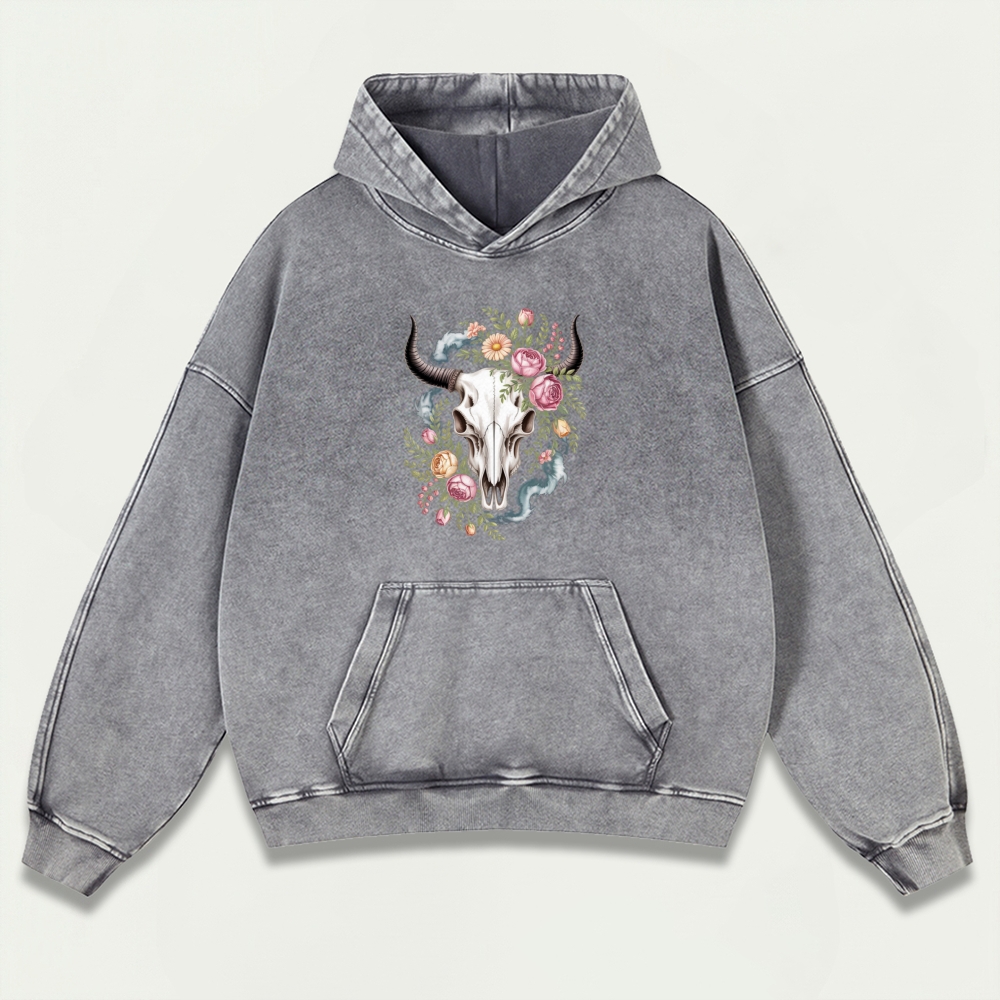 Bull Skull Wildflowers Vintage Premium Heavyweight Trail Hoodie-HikeVista