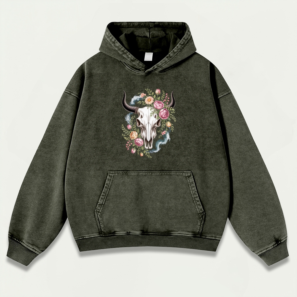 Bull Skull Wildflowers Vintage Premium Heavyweight Trail Hoodie-HikeVista