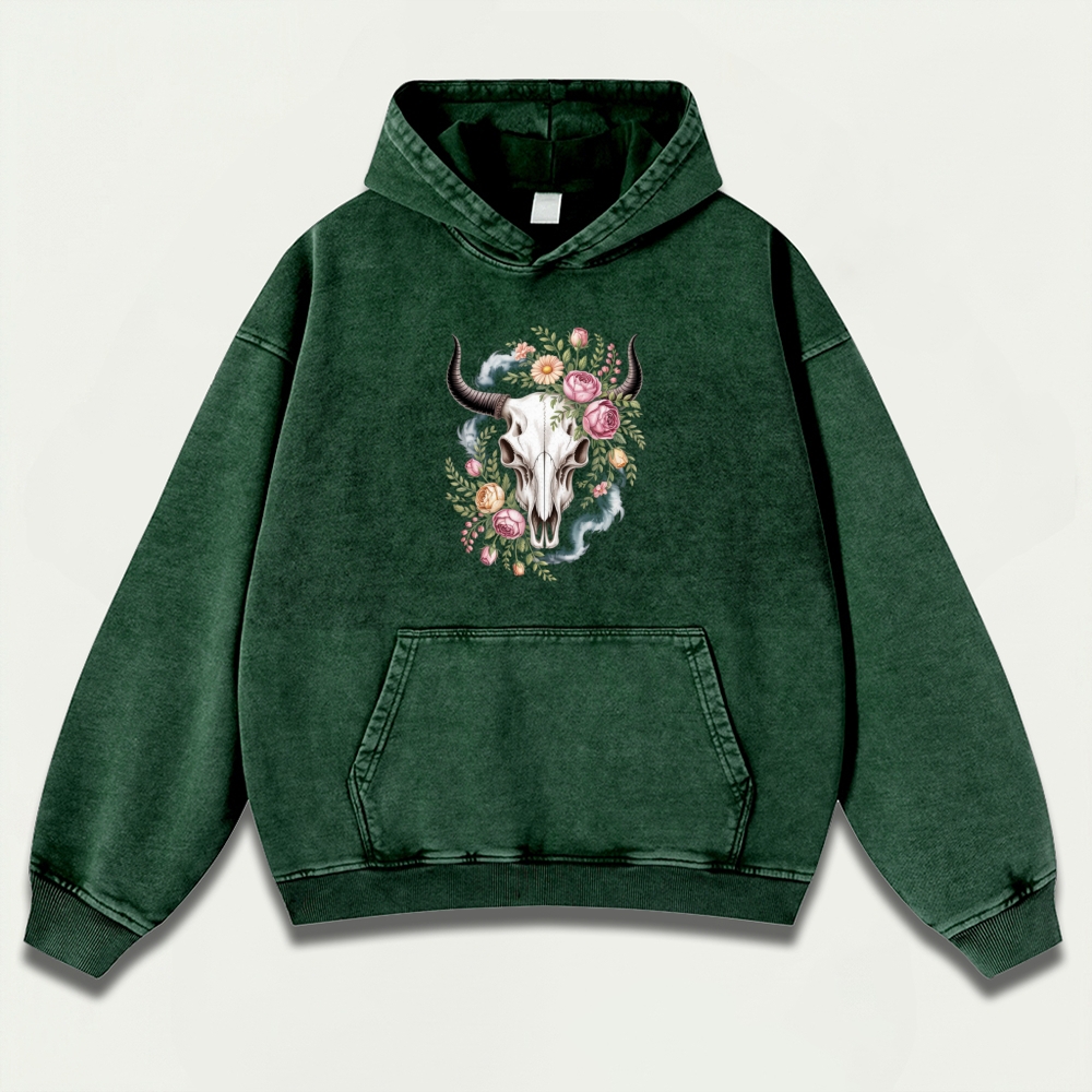 Bull Skull Wildflowers Vintage Premium Heavyweight Trail Hoodie-HikeVista