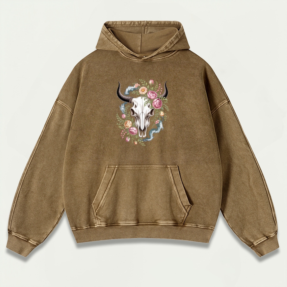 Bull Skull Wildflowers Vintage Premium Heavyweight Trail Hoodie-HikeVista