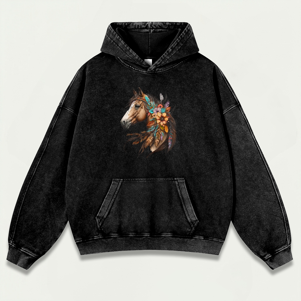 Horse Wildflowers Vintage Premium Heavyweight Trail Hoodie-HikeVista