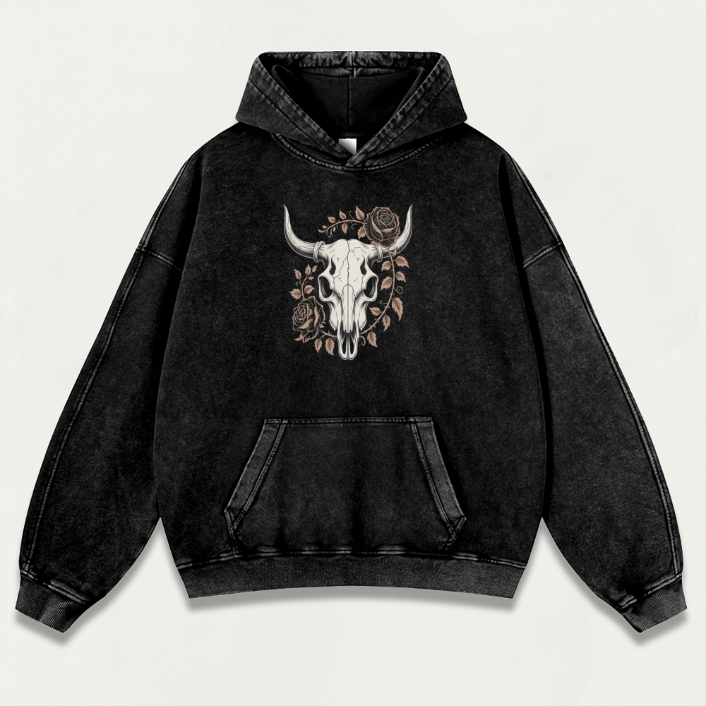 Bull Skull Rose Vintage Premium Heavyweight Hiking Hoodie-HikeVista