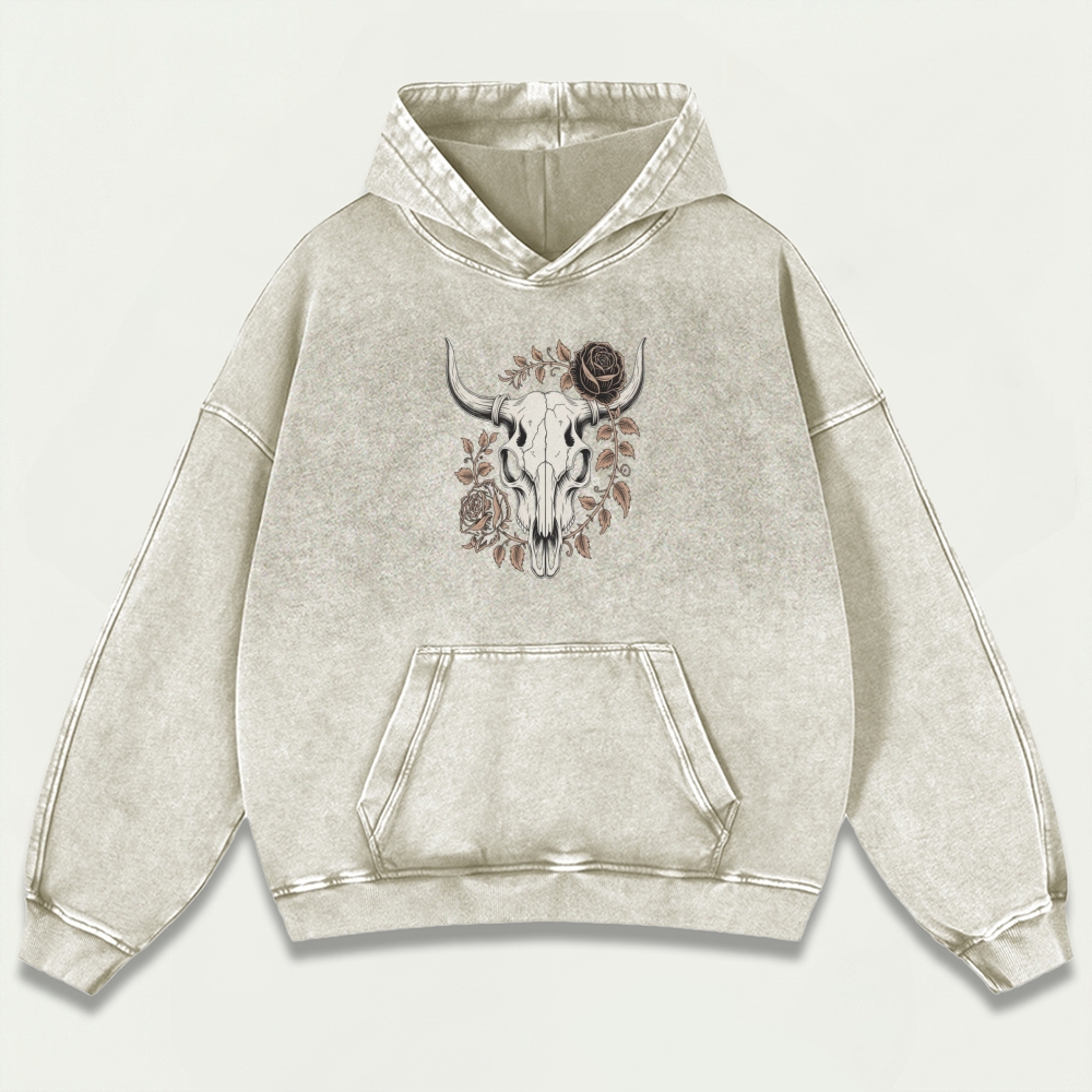 Bull Skull Rose Vintage Premium Heavyweight Hiking Hoodie-HikeVista