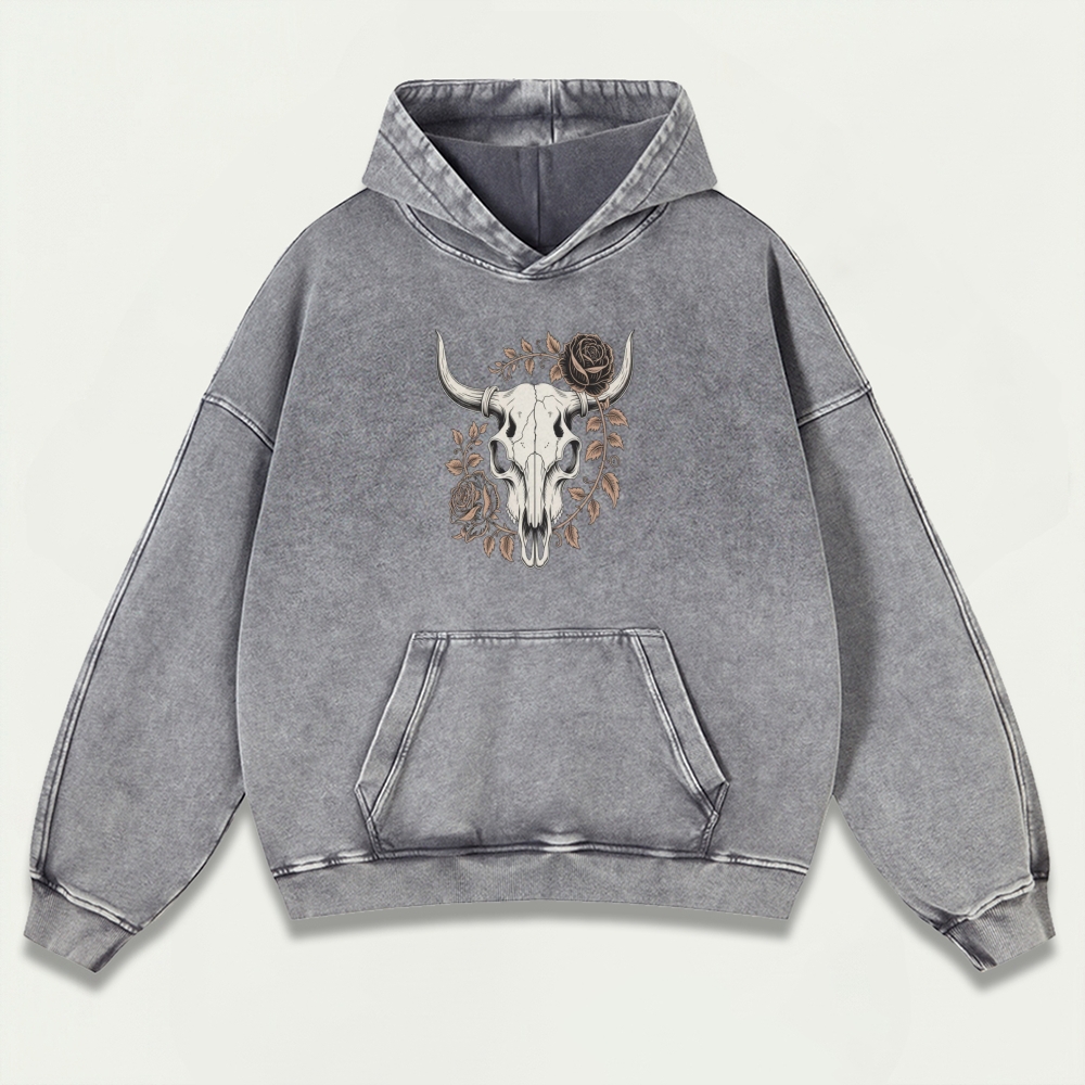 Bull Skull Rose Vintage Premium Heavyweight Hiking Hoodie-HikeVista