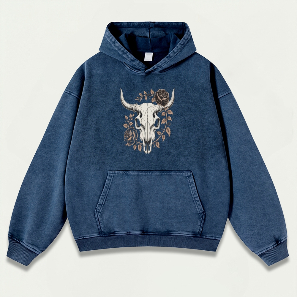 Bull Skull Rose Vintage Premium Heavyweight Hiking Hoodie-HikeVista