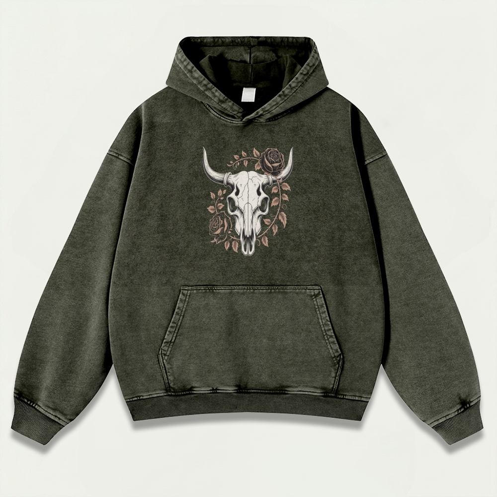 Bull Skull Rose Vintage Premium Heavyweight Hiking Hoodie-HikeVista