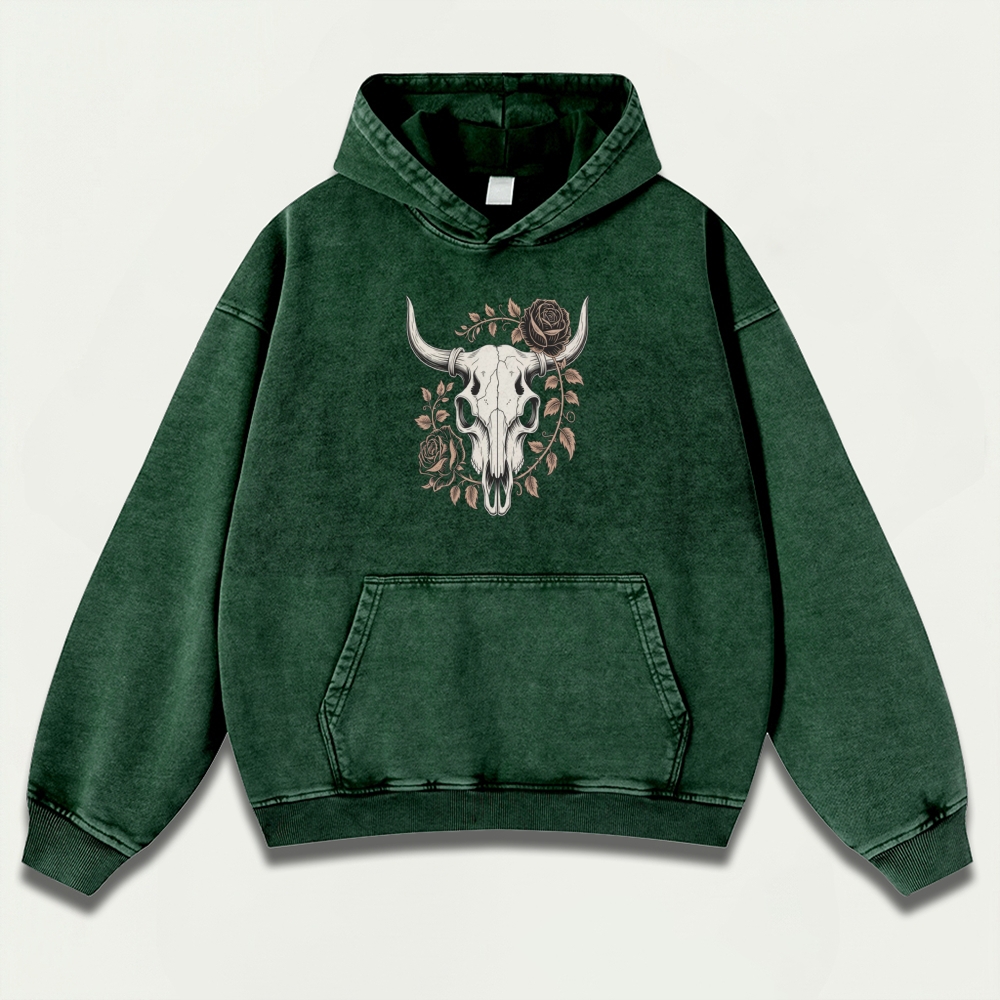 Bull Skull Rose Vintage Premium Heavyweight Hiking Hoodie-HikeVista