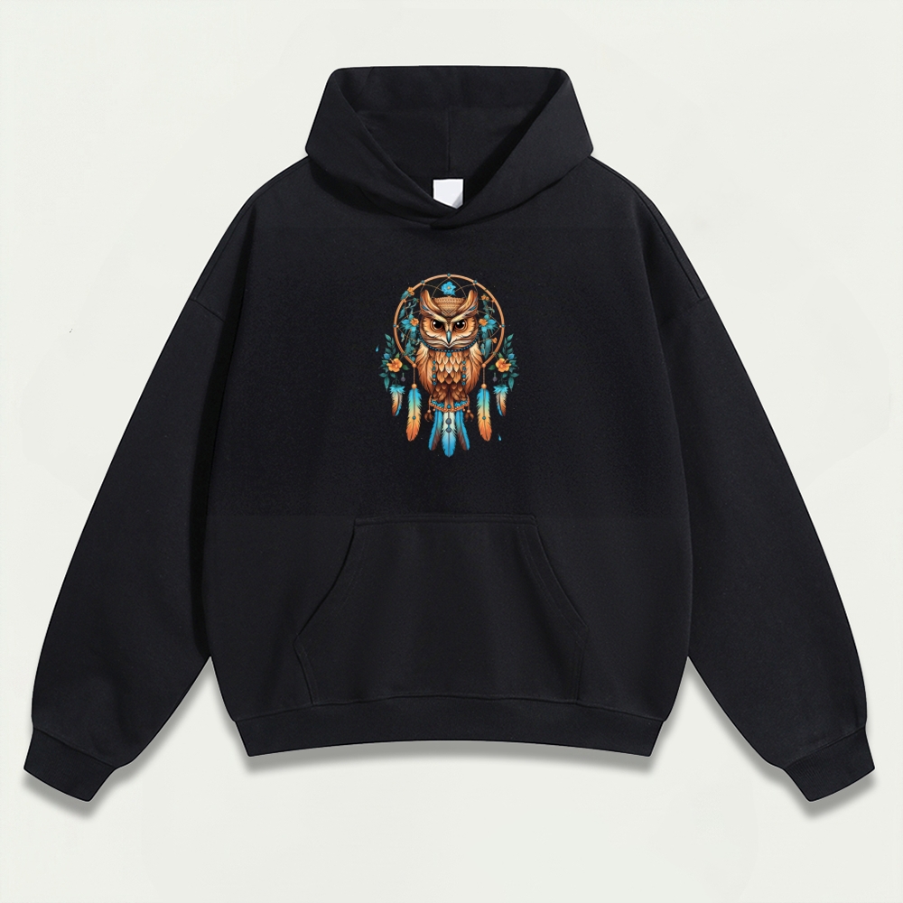 Dreamcatcher Feathers Heavyweight Owl Hoodie-HikeVista
