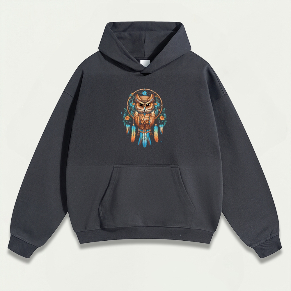 Dreamcatcher Feathers Heavyweight Owl Hoodie-HikeVista