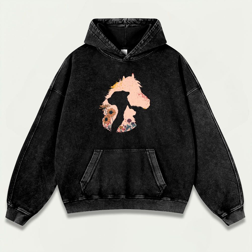 Western Horse Vintage Premium Heavyweight Flowers Hoodie-HikeVista