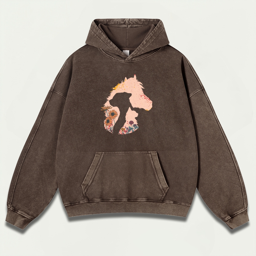 Western Horse Vintage Premium Heavyweight Flowers Hoodie-HikeVista