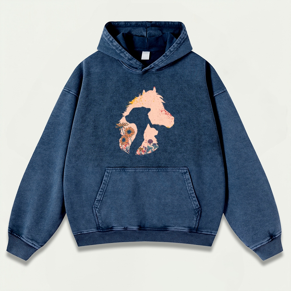 Western Horse Vintage Premium Heavyweight Flowers Hoodie-HikeVista