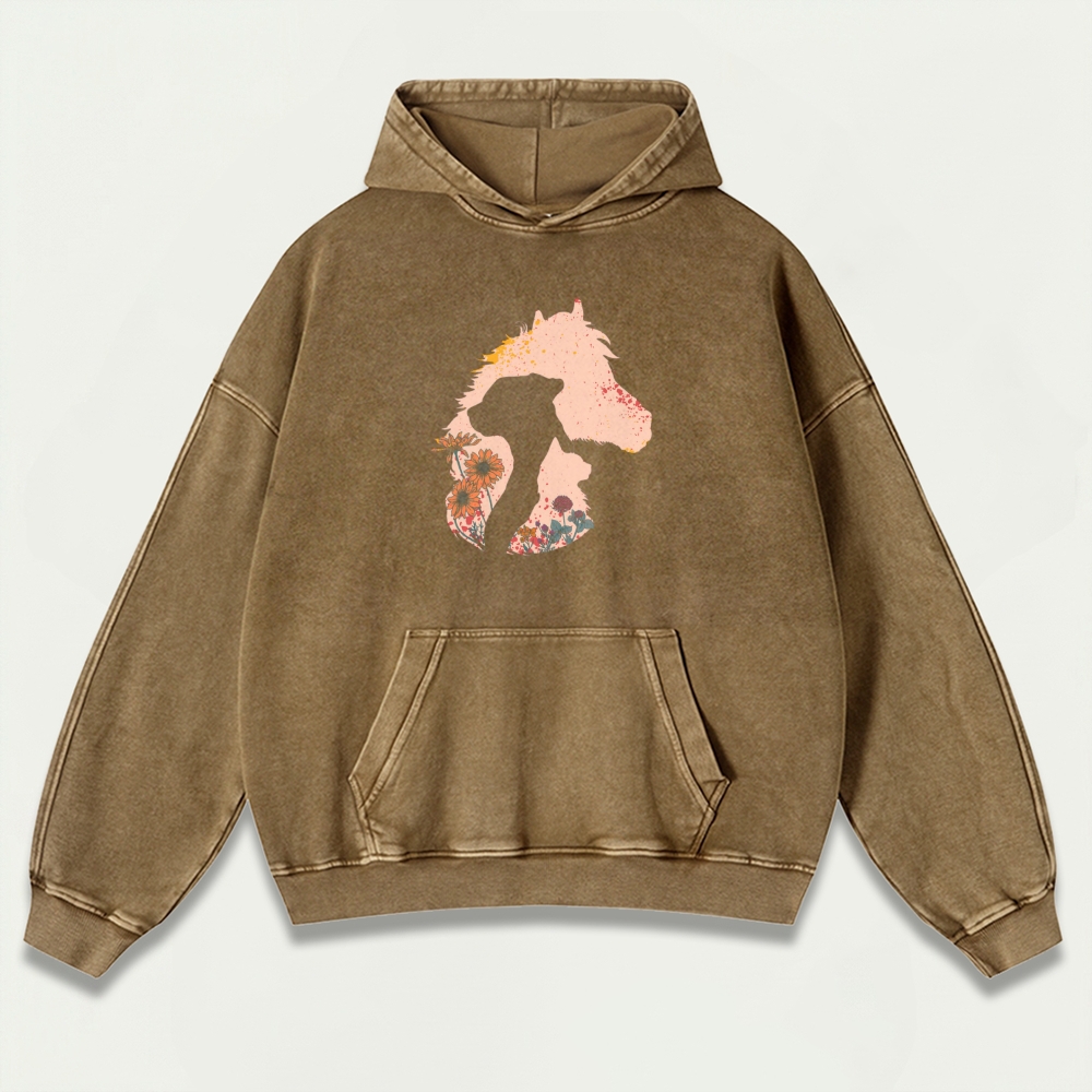 Western Horse Vintage Premium Heavyweight Flowers Hoodie-HikeVista