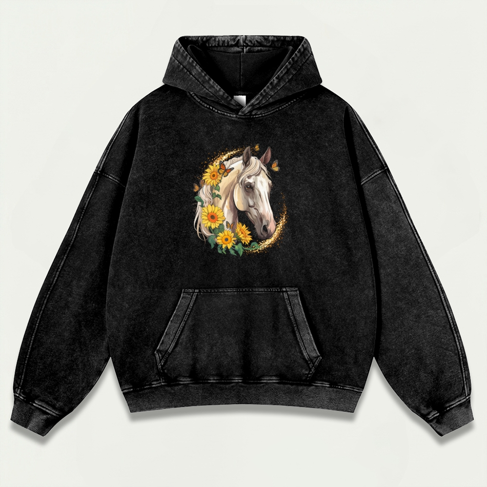 Western Horse Vintage Premium Heavyweight Flowers Hoodie-HikeVista