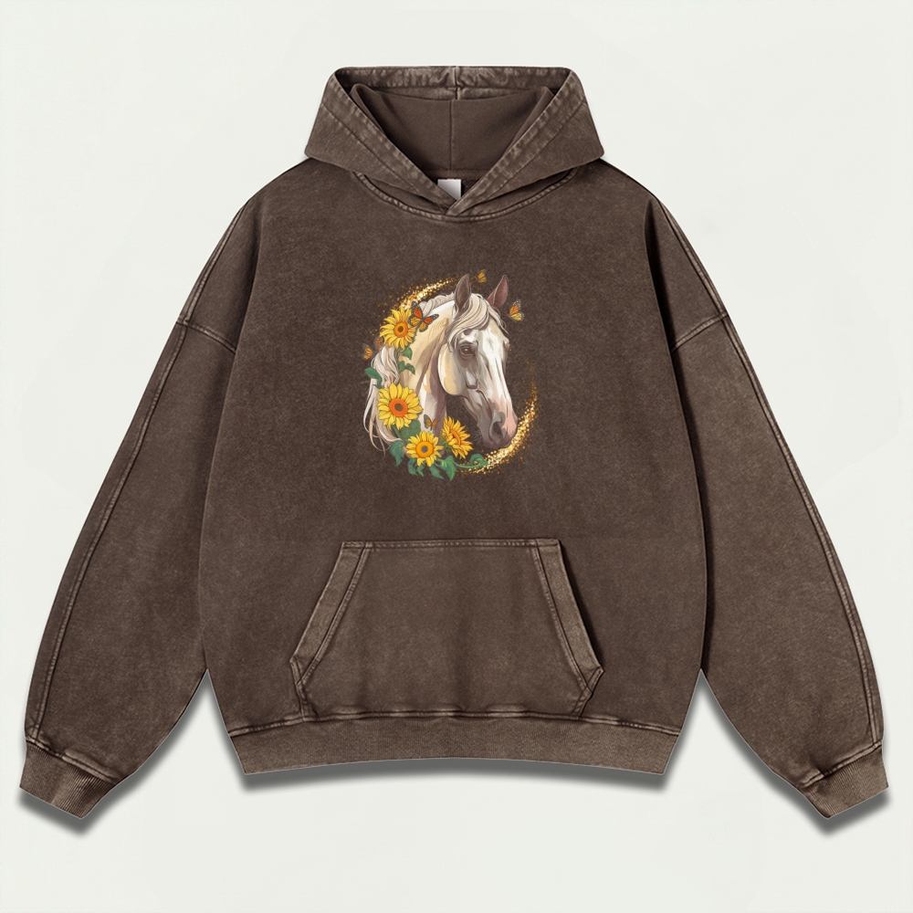 Western Horse Vintage Premium Heavyweight Flowers Hoodie-HikeVista