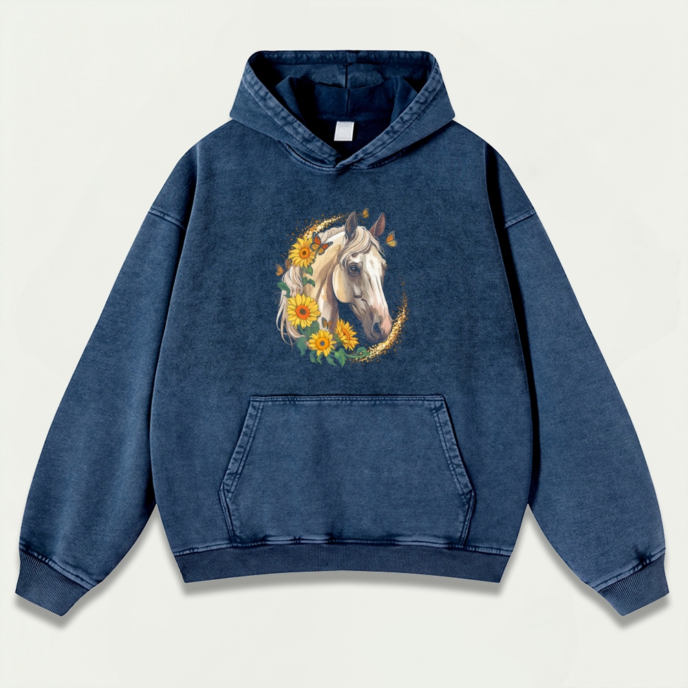 Western Horse Vintage Premium Heavyweight Flowers Hoodie-HikeVista