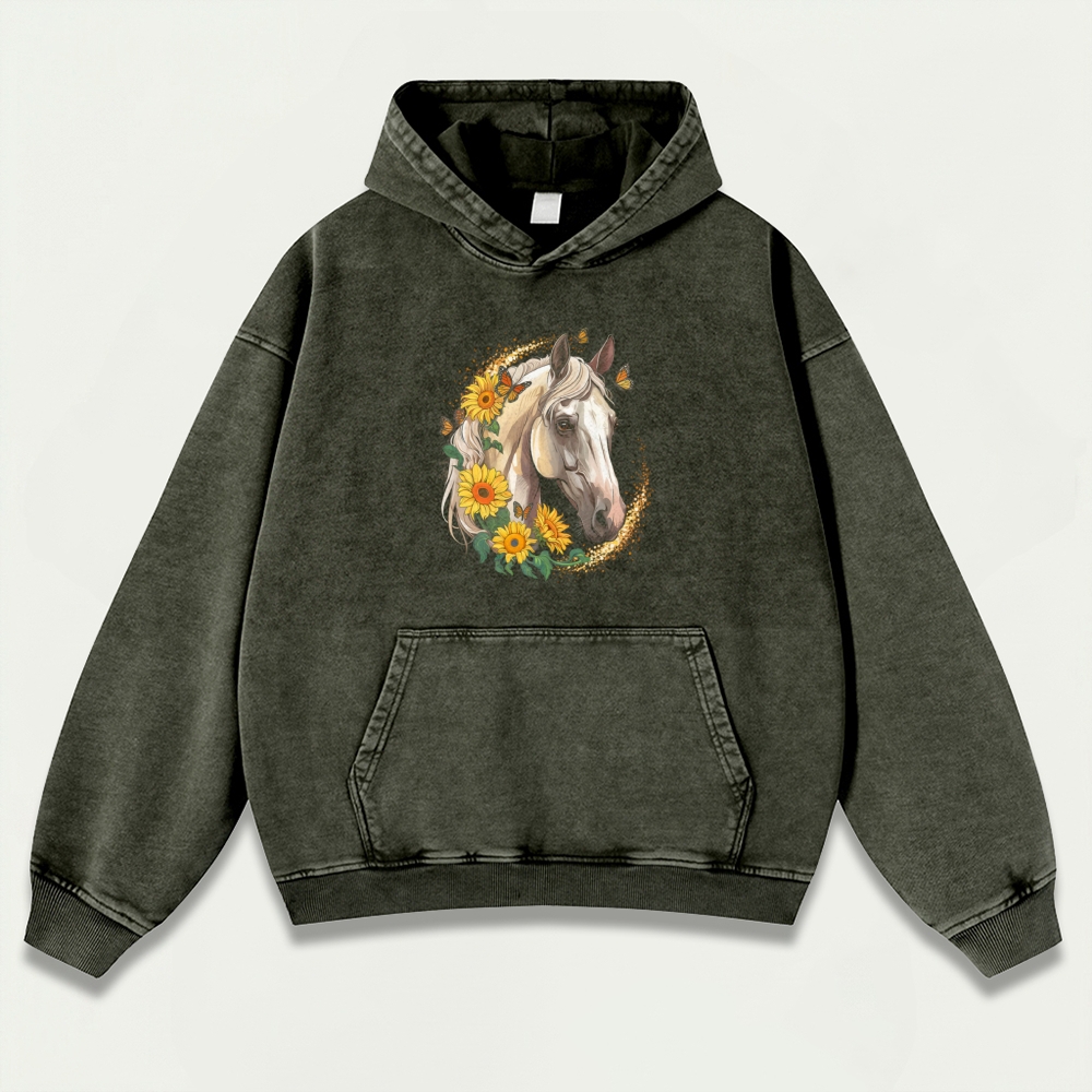 Western Horse Vintage Premium Heavyweight Flowers Hoodie-HikeVista