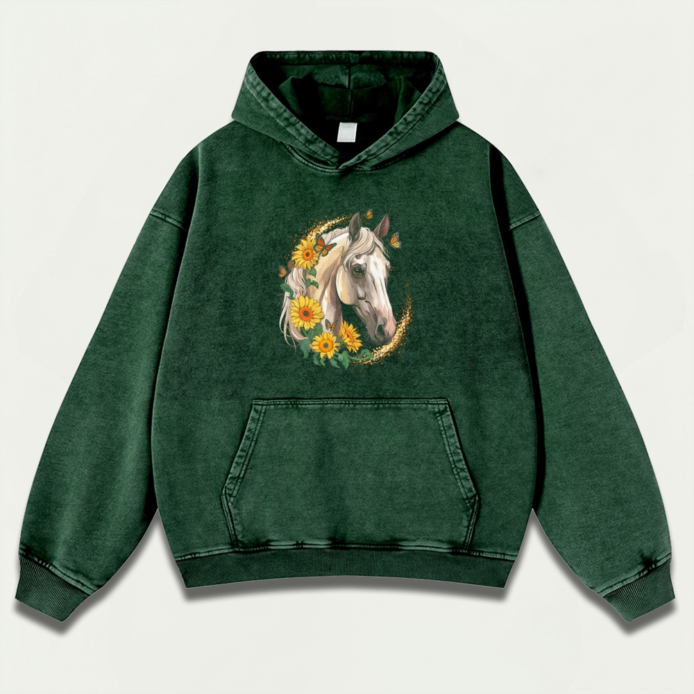 Western Horse Vintage Premium Heavyweight Flowers Hoodie-HikeVista