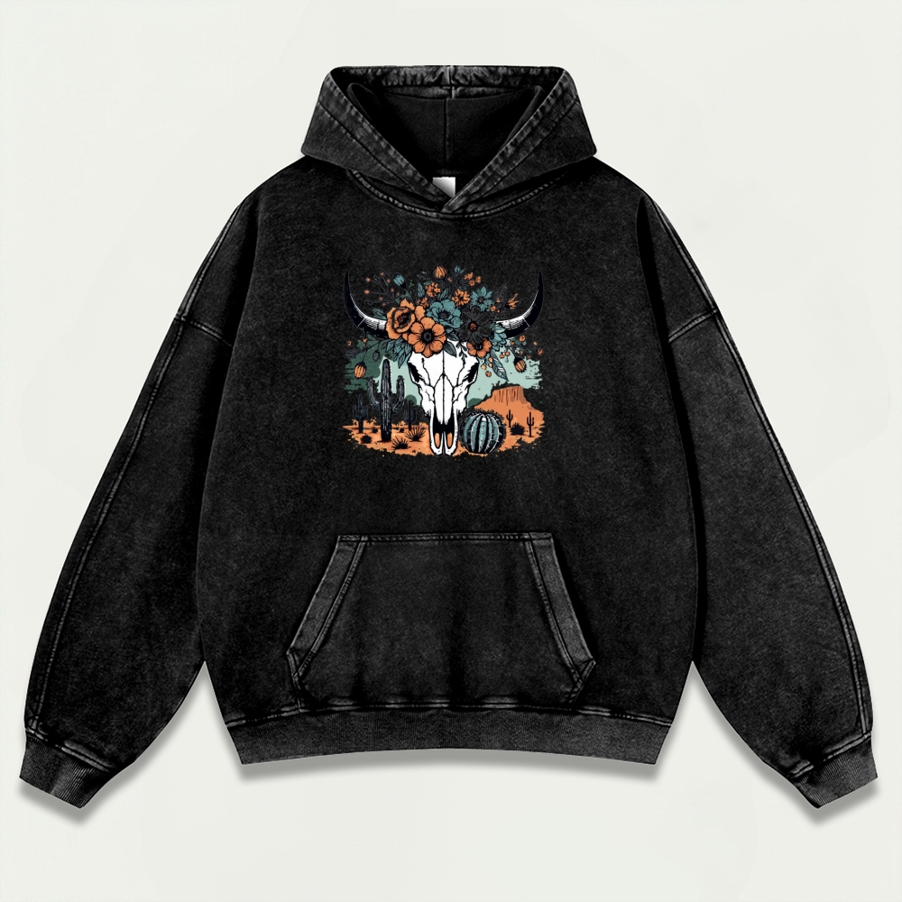 Western Bull Skull Vintage Premium Heavyweight Flowers Hoodie-HikeVista