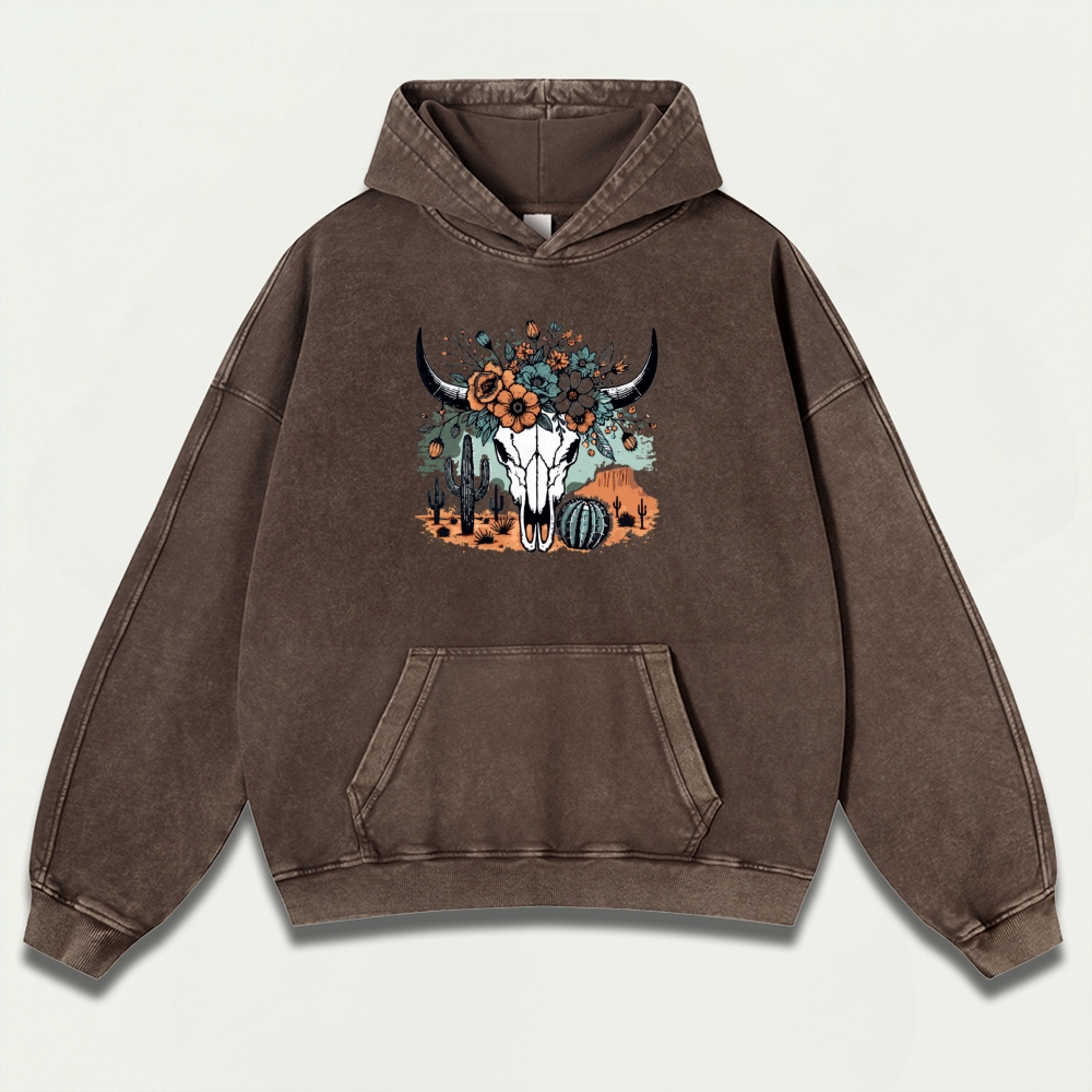 Western Bull Skull Vintage Premium Heavyweight Flowers Hoodie-HikeVista