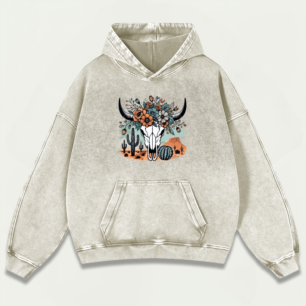 Western Bull Skull Vintage Premium Heavyweight Flowers Hoodie-HikeVista
