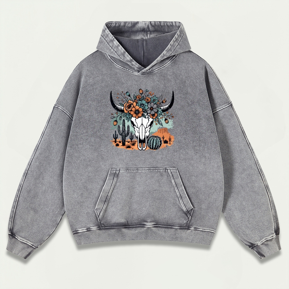 Western Bull Skull Vintage Premium Heavyweight Flowers Hoodie-HikeVista