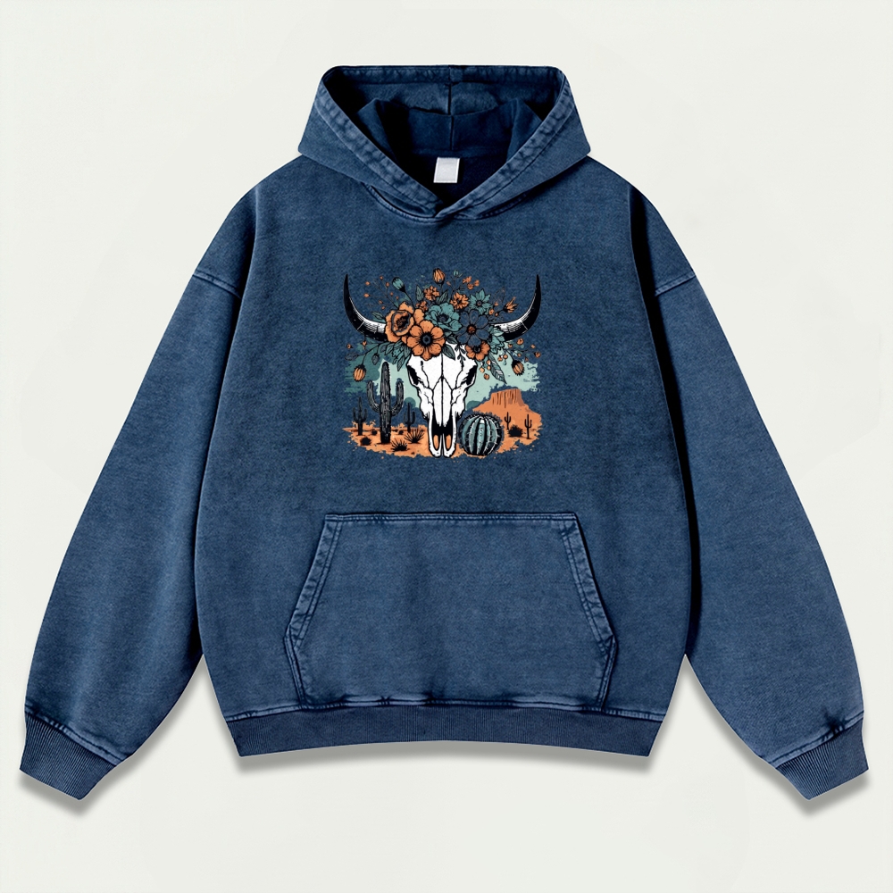 Western Bull Skull Vintage Premium Heavyweight Flowers Hoodie-HikeVista