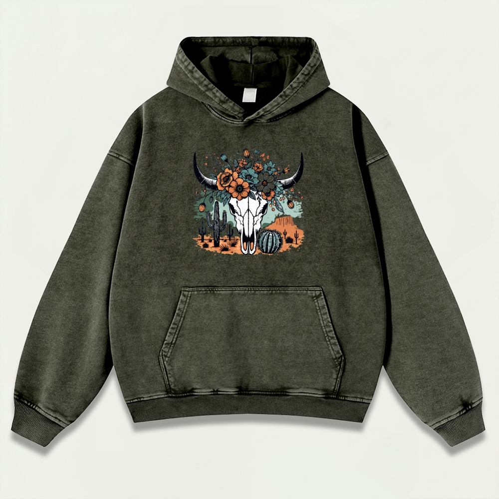 Western Bull Skull Vintage Premium Heavyweight Flowers Hoodie-HikeVista