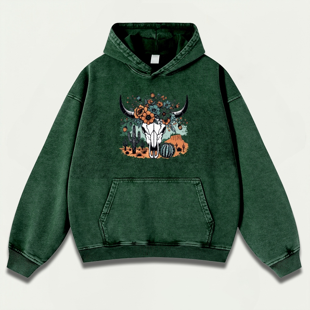 Western Bull Skull Vintage Premium Heavyweight Flowers Hoodie-HikeVista