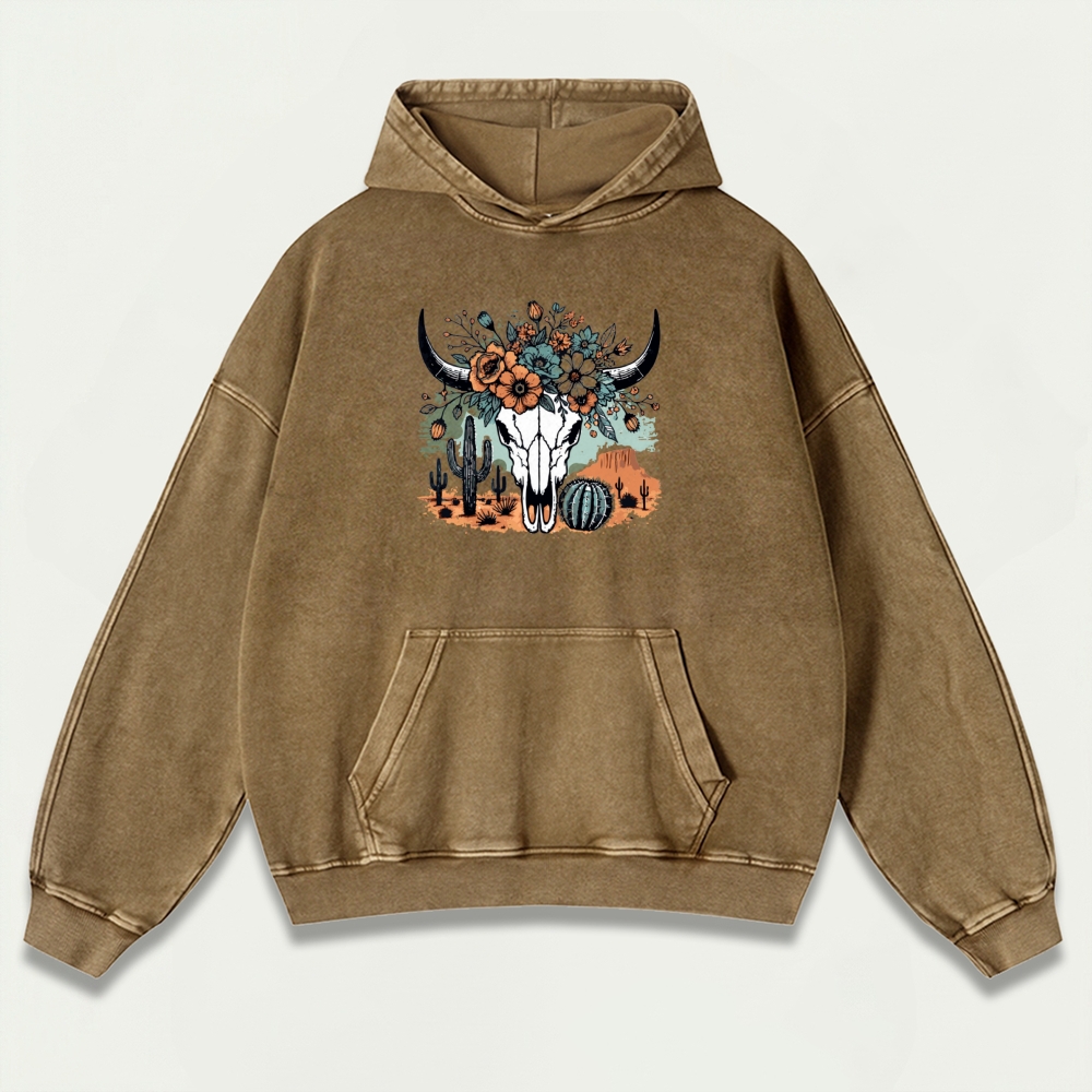 Western Bull Skull Vintage Premium Heavyweight Flowers Hoodie-HikeVista