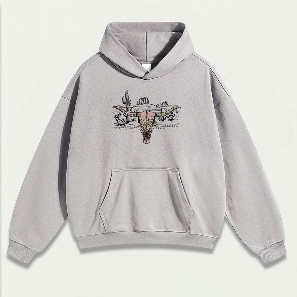 Western Bull Skull Heavyweight Hiking Hoodie-HikeVista