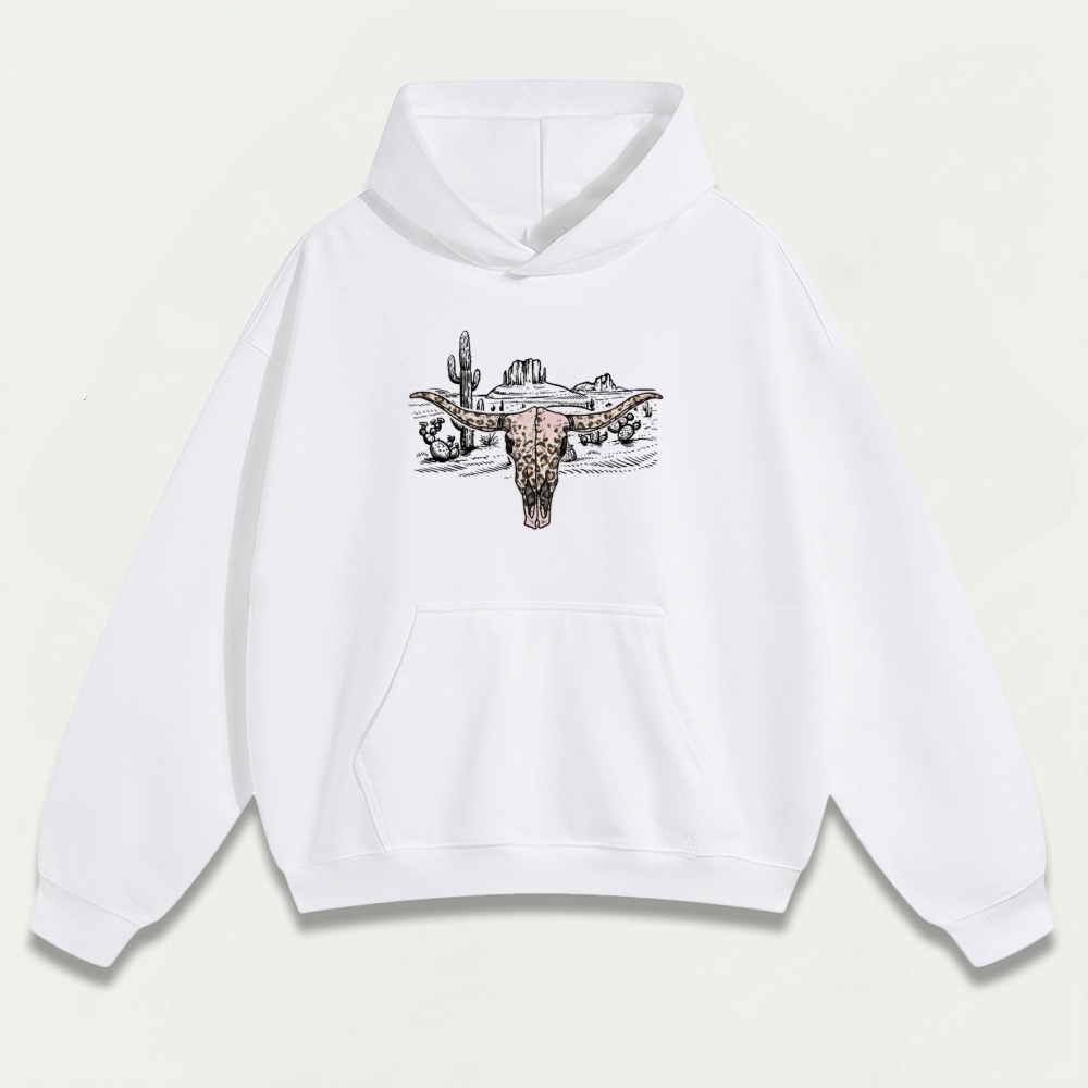 Western Bull Skull Heavyweight Hiking Hoodie-HikeVista