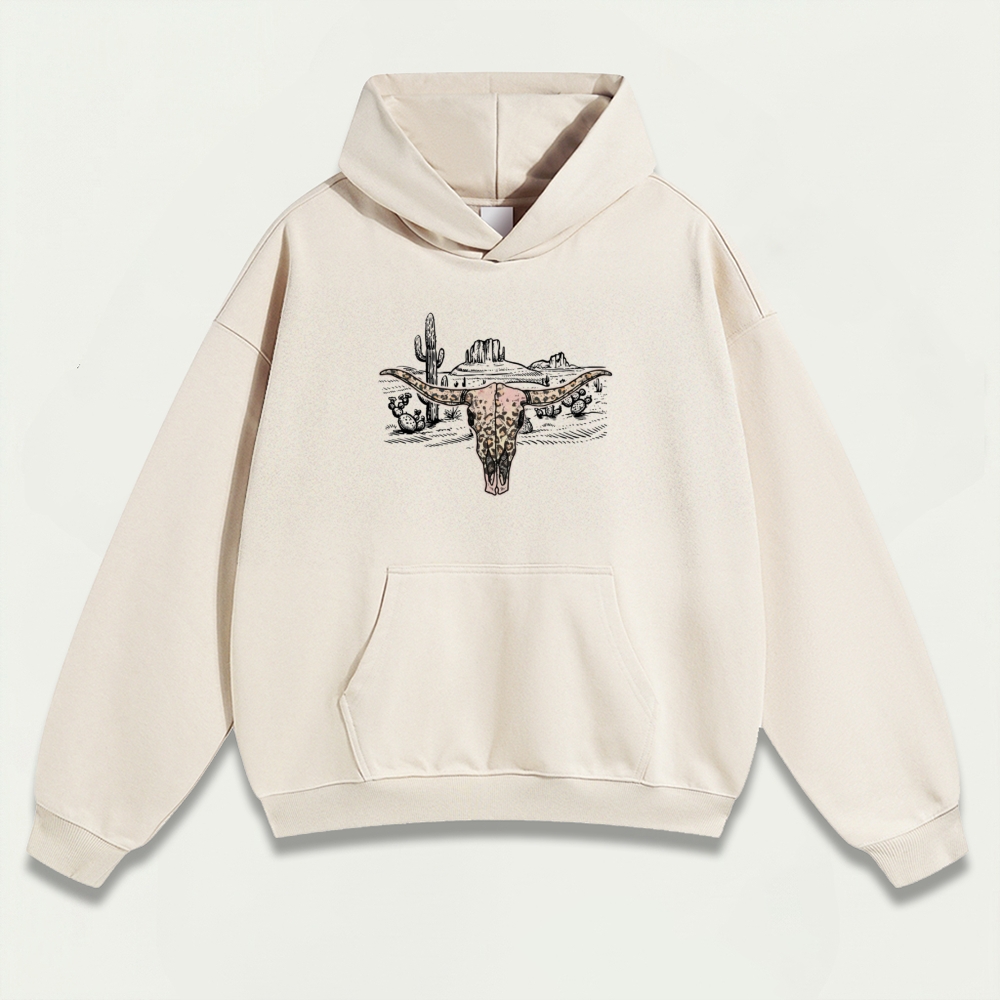 Western Bull Skull Heavyweight Hiking Hoodie-HikeVista