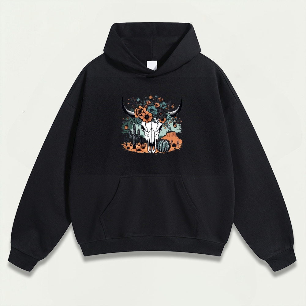 Western Bull Skull Heavyweight Flowers Hoodie-HikeVista