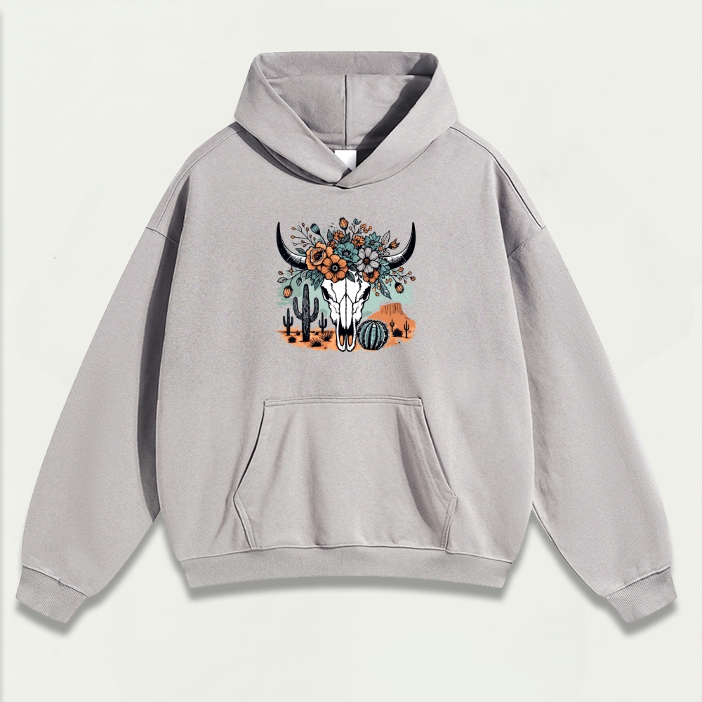 Western Bull Skull Heavyweight Flowers Hoodie-HikeVista