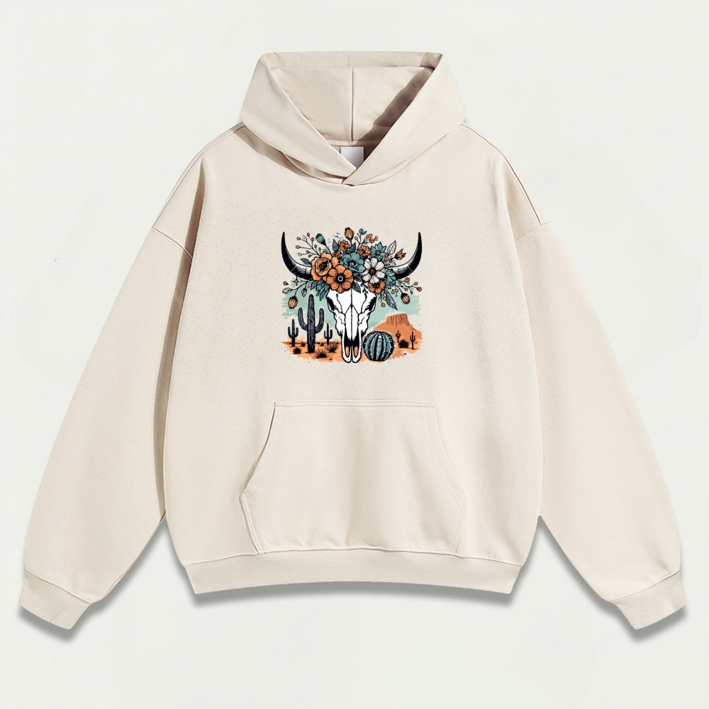 Western Bull Skull Heavyweight Flowers Hoodie-HikeVista