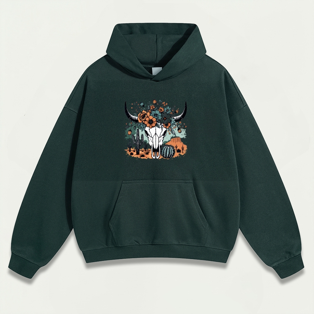 Western Bull Skull Heavyweight Flowers Hoodie-HikeVista