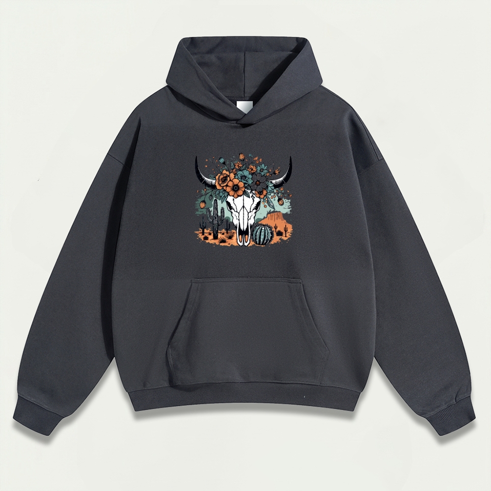 Western Bull Skull Heavyweight Flowers Hoodie-HikeVista