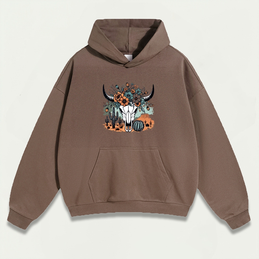 Western Bull Skull Heavyweight Flowers Hoodie-HikeVista