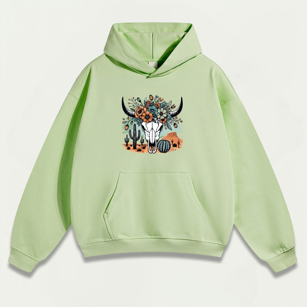 Western Bull Skull Heavyweight Flowers Hoodie-HikeVista