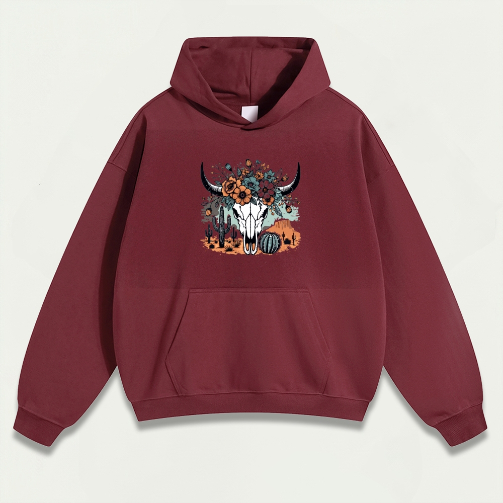 Western Bull Skull Heavyweight Flowers Hoodie-HikeVista