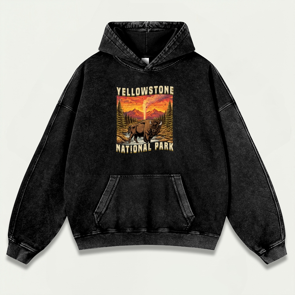 Yellowstone National Park Vintage Premium Heavyweight Buffalo Hoodie-HikeVista